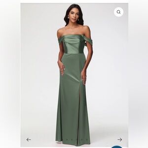 Cicinia Olive Green Stretch Satin Off The Shoulder Formal Dress